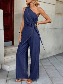 SHEIN Holidaya Bộ jumpsuit denim dáng rộng không tay cổ lệch vai dành cho nữ - Rửa tối - Xem 4