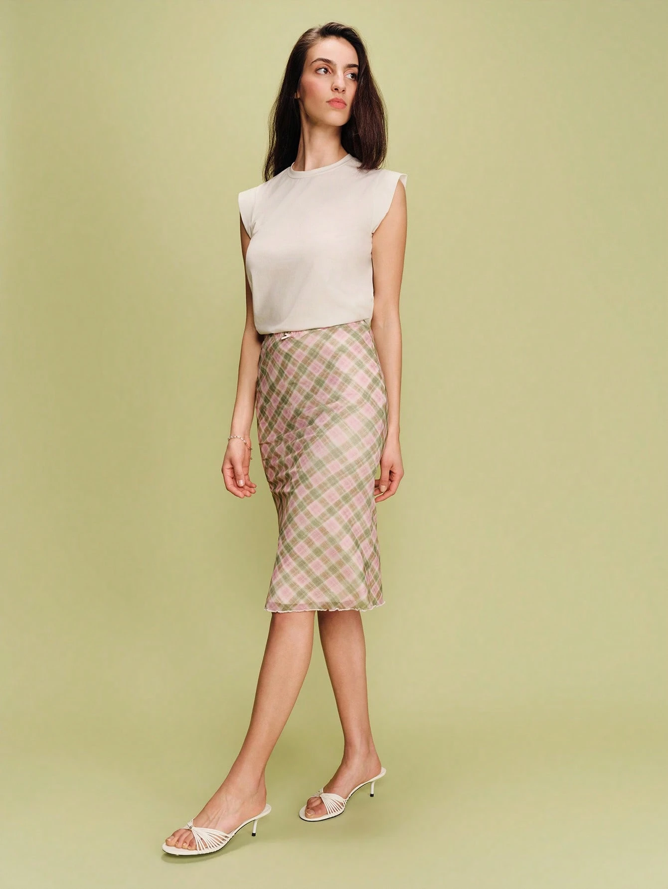 Midi Plaid Bias-Cut Mesh Skirt With Soft Drape