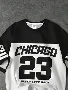 青少年男童新款休闲简约Y2K风格英文字母、数字23、芝加哥、运动复古美式撞色拼接宽松舒适短袖圆领T恤，适合春夏穿着 - 彩色 - 查看 4