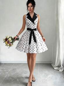 Elenzga Đầm nữ không tay, phối eo, chấm bi, dáng chữ A, thanh lịch, lãng mạn, tinh tế. - Đen và trắng - Xem 4