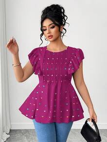 Elenzga Plus Size Women's Summer Magenta Cute Heart Print Short Sleeve Top,Everyday Fashionable Pleated Puff Sleeve Slim Fit Blouse Valentine's Day Smock - Hot Pink - View 4