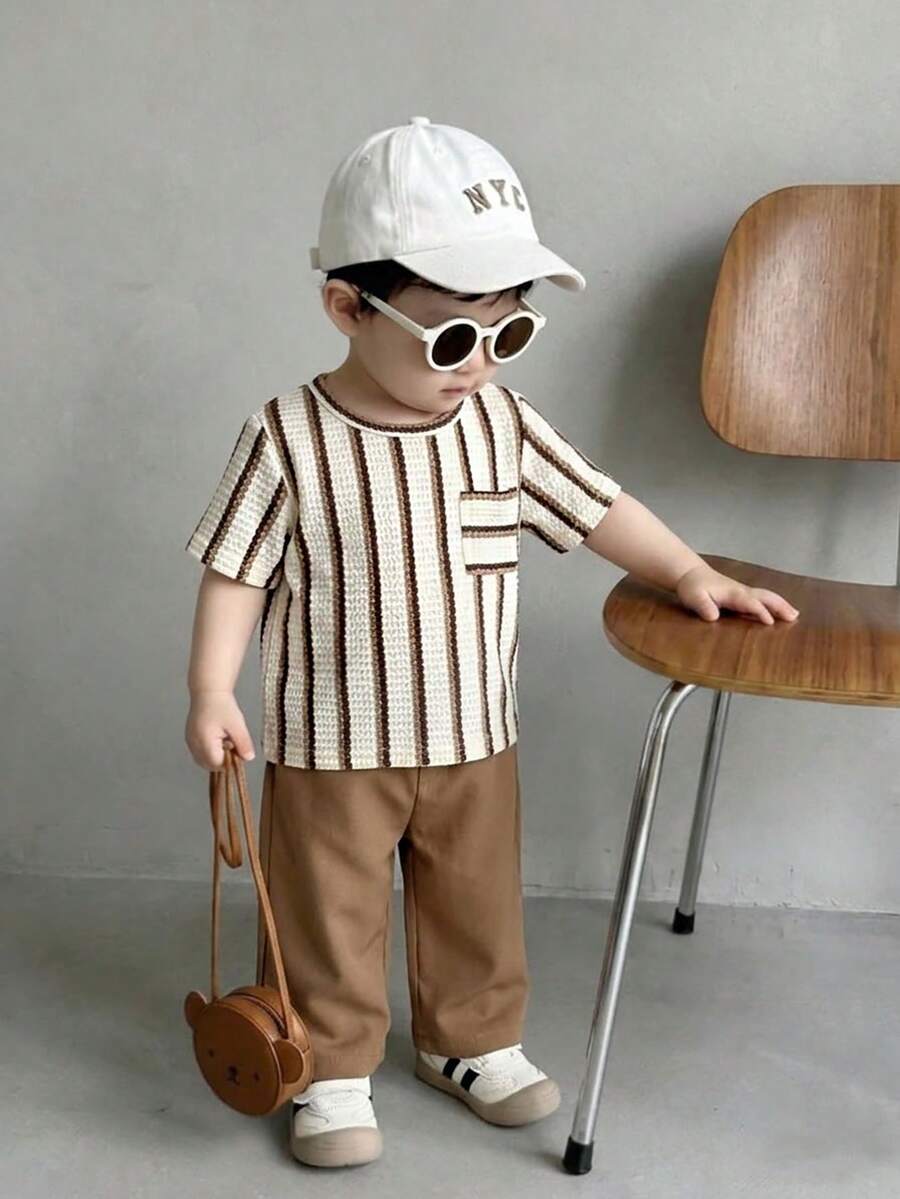 SHEIN Playful Pals 男宝宝可爱休闲短袖上衣和格子裤两件套，适合夏季、居家和旅行 - 彩色 - 查看 1