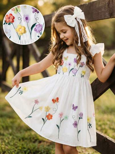 Emery Rose Kids Young Girl Woven Solid & Ditsy Floral Square Neck Ruffle Hem Casual Dress  Young Girls Floral Print Casual/Holiday Spaghetti Strap A-Line Dress LMoss Young Girl Ditsy Floral Ruffle Hem Casual Dress,فستان ابيض,White Dress, فستان,تنوره,ملابس,فساتين بنات,ملابس اطفال,Suitable For Everyday Life, Parties, Birthdays, And Gatherings.,Vacation