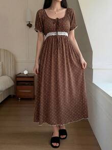 DAZY French Floral Ruched Tie-Up Lace Patchwork Waist Maxi Nightgown, Women Sleepwear Dress - Brown - View 4