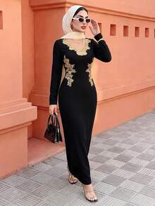 Elenzga Women's Elegant Solid Color V-Neck Gold Lace Trim Long Sleeve Fitted Bodycon Dress, Suitable For Women's Parties, Dates, Parties, Commuting, Daily Wear, Autumn/Winter Season, Women's Long Dress With Gold Lace Trim, Women's Long Sleeve Dress - Black - View 5