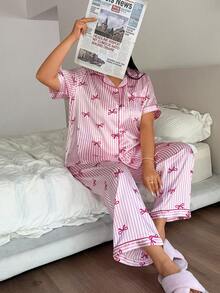 Napfluff CURVE Napfluff CURVE Pink Striped Bow Print Lapel Cardigan & Pants Plus Size Pajama Set - Pink - View 6