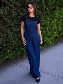 Andrea Bello Women's Casual Washed Wide Leg Denim Jumpsuit - Dark Wash - View 1