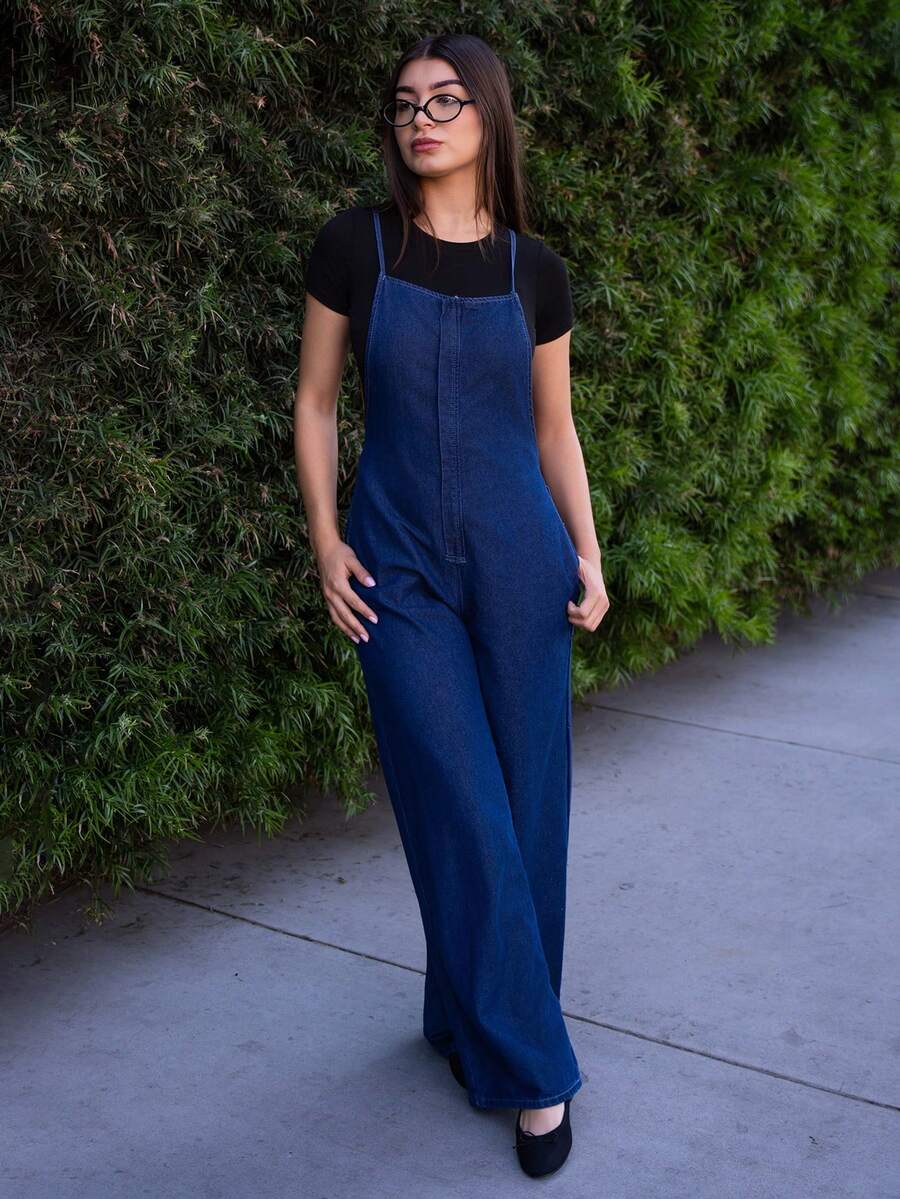Andrea Bello Women's Casual Washed Wide Leg Denim Jumpsuit - Dark Wash - View 1