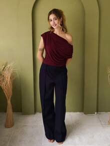 Ananda Vibes Của phụ nữ Màu thuần Mặt trước đường may Thẳng Quần - Màu xanh hải quân - Xem 4