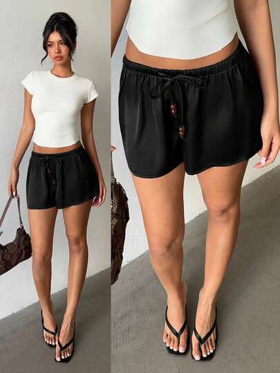 Aloruh Nya moderiktiga minishorts för kvinnor, shorts med låg midja och dragsko, pärldekor, avslappnade och mångsidiga damshorts