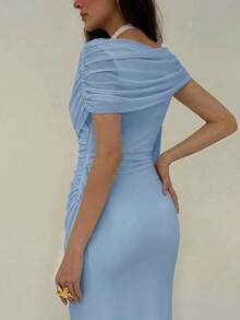 Aloruh Đầm xếp ly ôm dáng thanh lịch dành cho nữ, màu trơn, thích hợp cho tiệc tùng. - Màu xanh nhạt - Xem 7