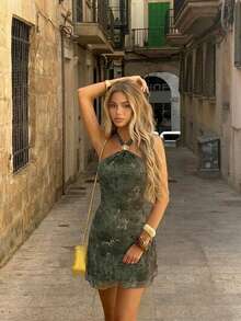 Aloruh Women's Boho Backless Knot Decor Mini Dress,Khaki Green Summer Holiday Vacation Tropical Paisley Print Halter Neck Fitted Silhouette Resort Wear - Green - View 11