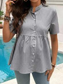 SHEIN Áo sơ mi ngắn tay cho bà bầu, kiểu dáng thường ngày, họa tiết sọc tương phản, thích hợp mặc đi làm, dành cho bà mẹ cho con bú. - Màu xám đen - Xem 6