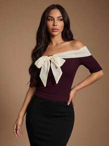 DAZY Women's Off Shoulder Contrast Color Bow Decor Fitted Short Sleeve T-Shirt Summer Going Out Tops - Purple - View 13