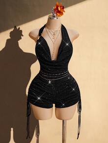 SHEIN ICON Mono de talla grande con unicolor, cuello halter, decoración metálica y espalda descubierta - Negro - Ver 3