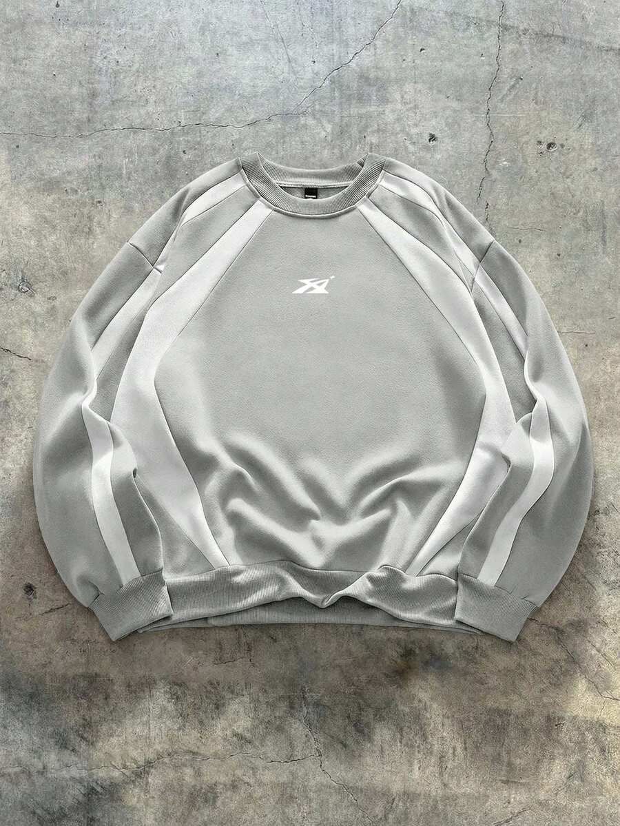 AXEPEAK Sudadera holgada casual para hombre, estampado gráfico de color contrastante en parchwork marrón, adecuada para primavera y otoño - Gris - Ver 1
