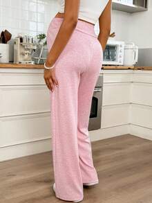 SHEIN 可调节腰围休闲阔腿宽松孕妇裤 - 粉色 - 查看 2