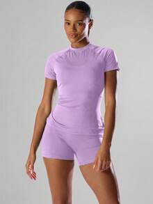 Musera Sport Solid Color Short Sleeve Sports Tee Running Short Active Comfy Workout Gym Running Run Club Gym Fitness Yoga Pilates Daily Casual - Lilac Purple - View 4