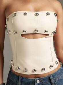 Denimoi Studded Faux Leather Corset Top Sexy Tops Strapless Corset GNO Concert Outfits Clubwear - Apricot - View 2