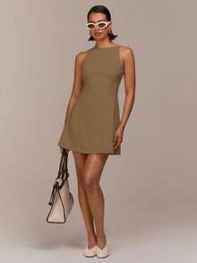 COSMINA Women's Brown Sleeveless Backless Mini A-Line Dress,Summer Effortless Chic Minimalist Brunch Casual Vacation Commute Elegant Y2K Neck Short Dress - Coffee - View 4