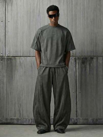 NEON BLANC Men's Casual Loose Fit Short Sleeve T-Shirt, Standard Size, Solid Dark Grey Asymmetrical Patchwork