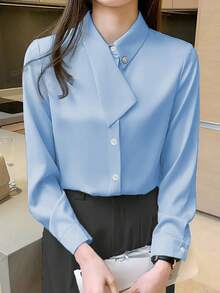 EMERY ROSE Asymmetrical Collar Versatile Elegant Commuter Women T-Shirt Fall Cloth For Women - Blue - View 4