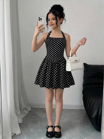 SHEIN Đầm mini dáng chữ A ôm sát, dây mảnh, họa tiết chấm bi đen trắng, dành cho bé gái tuổi teen, thích hợp cho các buổi tiệc, đi chơi và trang phục trở lại trường học.