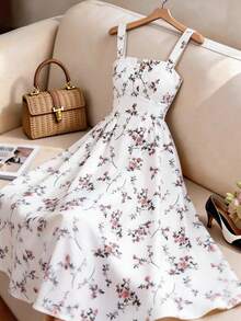 Elenzga Mẫu đầm dài xếp ly thanh lịch, họa tiết hoa mùa xuân/hè mới nhất dành cho nữ. - trắng - Xem 4