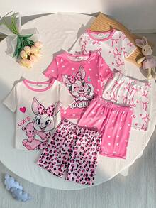 6件組女童睡衣套裝，白色夏季仙女風嬰兒派對家庭套裝，兔子、熊、蝴蝶結、豹紋、愛心圖案印花貼身睡衣套裝 - 粉色 - 查看 6