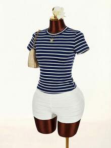 Dazy-Less Fitted Elegant All-Match Casual Cotton Striped Short Sleeve T-Shirt For Women, Suitable For Spring & Summer - White - View 10