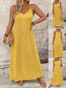 SHEIN LUNE Vestido casual de talla grande de un solo color con tirantes finos - Amarillo - Ver 1