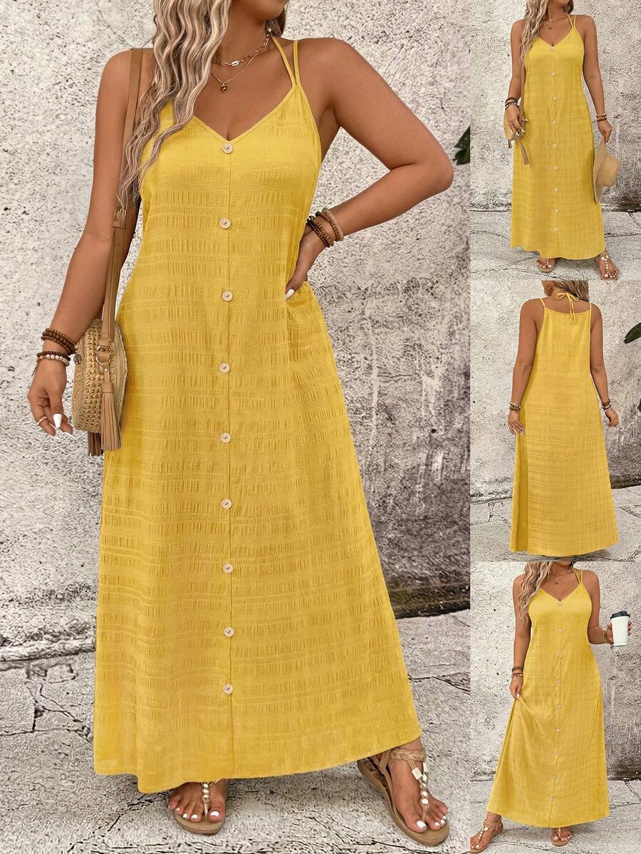 SHEIN LUNE Vestido casual de talla grande de un solo color con tirantes finos - Amarillo - Ver 1