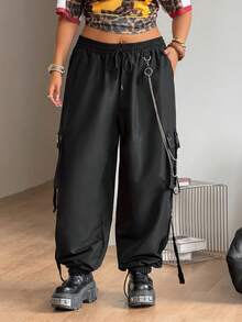 Coolane Pantalones cargo de talla grande con decoración de cadena de bolsillo - Negro - Ver 4