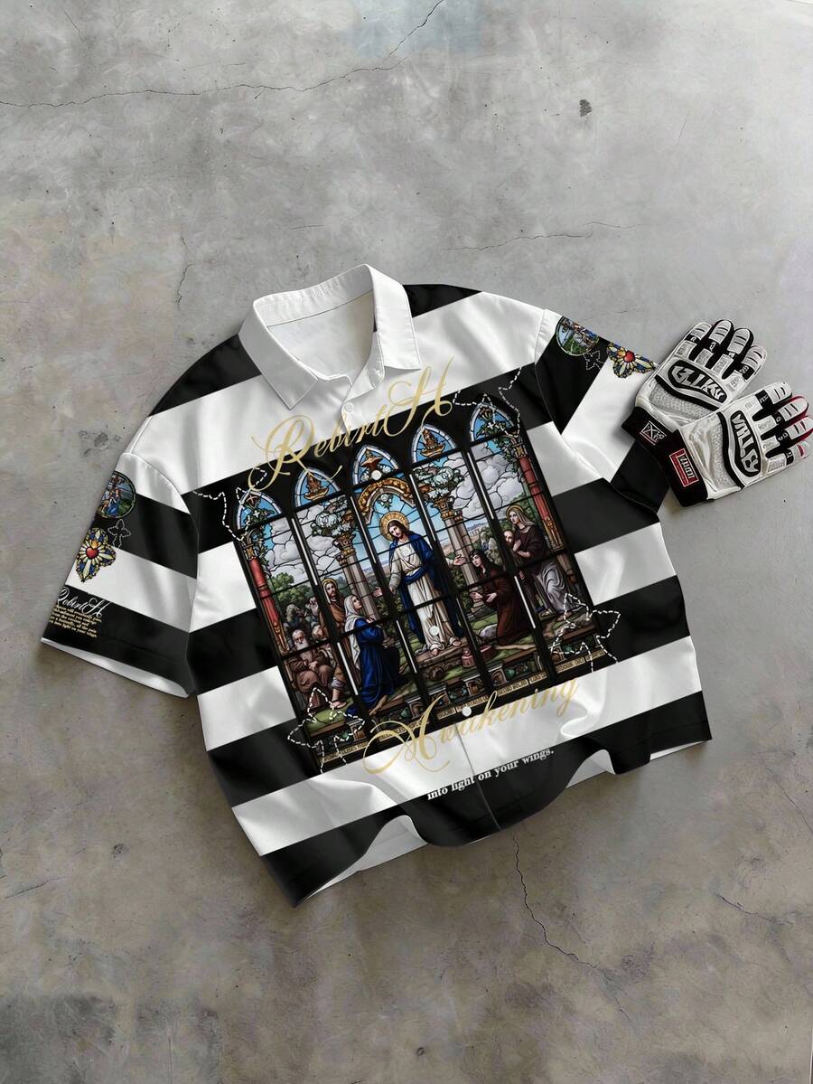 Manfinity EMRG Áo sơ mi nam tay ngắn in họa tiết phong cách đường phố - Nhiều màu - Xem 1