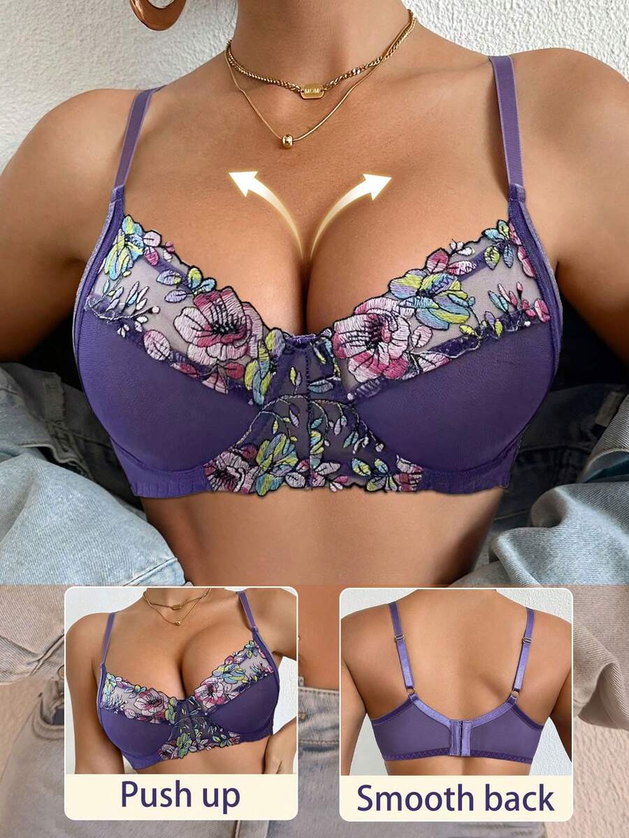 DesireSculpt 女士刺绣钢圈文胸 1 件 - 紫色 - 查看 1