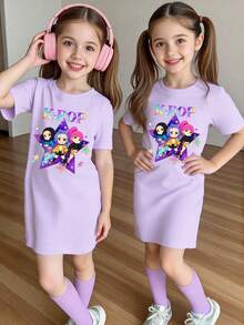 Elladie kids 春夏女童休闲时尚创意个性清新简约酷炫虚拟女团彩色五角星图案字母标语印花休闲基础款短袖T恤裙，舒适日常穿着。温暖的夏秋款式，适合春、夏、秋季女童氛围穿搭套装。 - 紫色 - 查看 6
