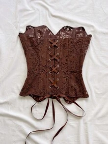 Soleia 女士水溶性蕾丝抹胸修身时尚上衣 - 咖啡棕 - 查看 2