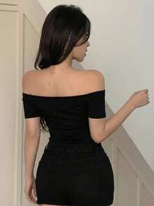 DAZY 女士弹力性感露肩短款黑色绷带上衣，春夏款 - 黑色 - 查看 3