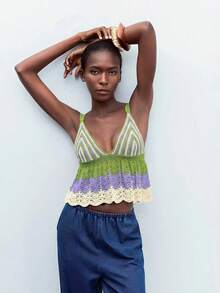 Maija Women's Contrast Color Patchwork Camisole Knit Top - Green - View 4