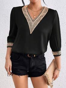 SHEIN LUNE V-Neck Floral Trim Satin Blouse - Black - View 5