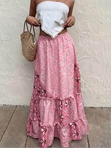 Selianne Chân váy maxi xếp tầng bồng bềnh màu hồng họa tiết paisley phong cách boho mùa hè dành cho nữ, cạp cao co giãn, thích hợp cho kỳ nghỉ, đi biển, lễ hội và tiệc tùng. - Hồng - Xem 3