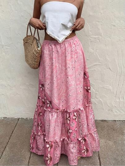 Flora Isola Flora Isola Chân váy maxi xếp tầng bồng bềnh màu hồng họa tiết paisley phong cách boho mùa hè dành cho nữ, cạp cao co giãn, thích hợp cho kỳ nghỉ, đi biển, lễ hội và tiệc tùng.
