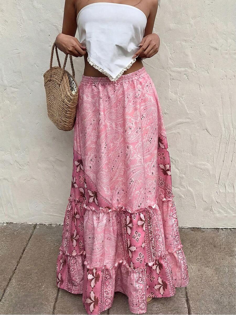 Selianne 女士夏季波西米亚风粉色佩斯利印花层叠荷叶边长裙，高腰弹力飘逸长裙，适合度假、海滩、节日派对等场合。 - 粉色 - 查看 1