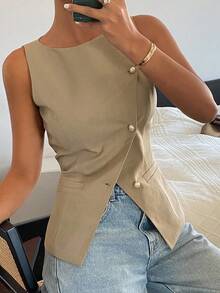 DAZY Women's Sleeveless Solid Color Waist Gathered Oblique Collar Split Pearl Button Elegant Formal Summer Blouse School - Khaki - View 8