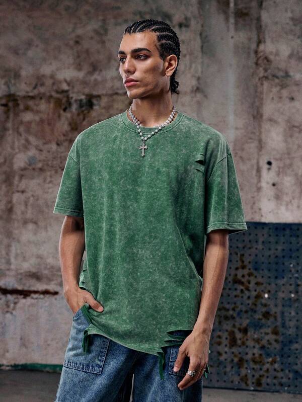 Skyrend Camiseta de hombre con corte asimétrico, agujero y flecos, estilo lavado con copos de nieve, ropa de hombre para primavera y verano, regalo para novio, camisetas oversize para hombre, estilo de los 2000