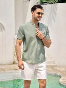 Mercer Haus 2pcs Set Men Green Short Sleeve Shirt & White Shorts With Pocket , Suitable For Summer Tropical Holiday Vacation In Hawaii. - Green - View 4