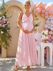 Loomaby Pregnant Women's Solid Color Bow Decor Sleeveless Halter Backless Elegant Dress Dress Gender Reveal Dress Maternity Dress Baby Shower Dress - Pink - View 4