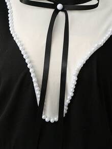 SHEIN Franclia 女士春夏新款黑杏色撞色珍珠装饰领蝴蝶结腰部A字中长连衣裙，适合通勤、日常、派对、度假、约会等场合。 - 彩色 - 查看 6