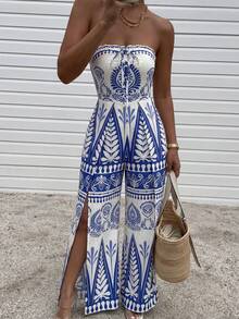Bộ jumpsuit nữ thanh lịch phong cách Bohemian in họa tiết, cổ yếm, hở lưng, cạp cao, ống rộng, thích hợp cho kỳ nghỉ biển mùa xuân/hè. - Xanh và trắng - Xem 2