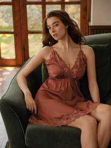 SilkySpell 刺绣边饰缎面睡裙 - 棕色 - 查看 7